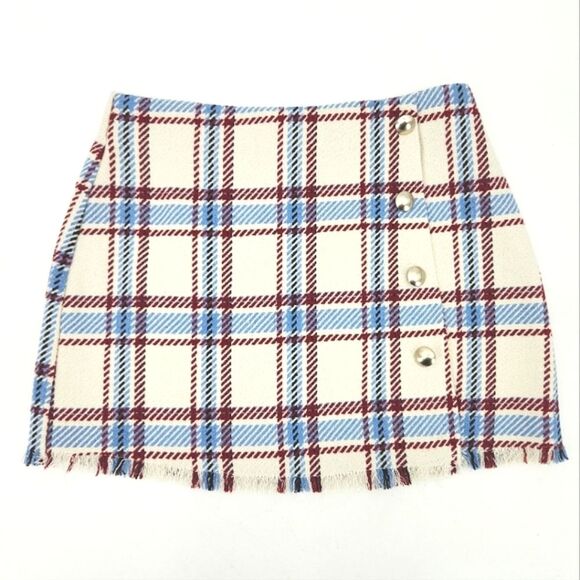 Forever 21 Faux Wrap Mini Skirt Size Small Plaid Check Wool Blend Light Academia - Picture 1 of 7